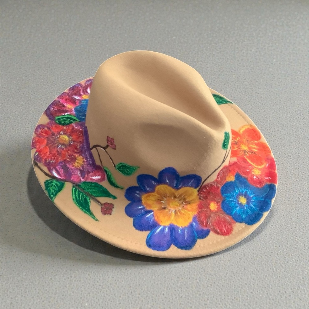 Tan Hat with Colorful Floral Design
